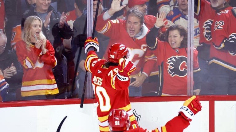 Calgary Flames' Ryan Lomberg celebrates his goal against the Edmonton...