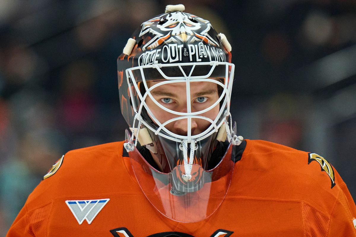 The Anaheim Duck’s goaltender Lukas Dostal (1) wears The Offspring tribute helmet against the Seattle Kraken February 3rd, 2026 in Anaheim California.