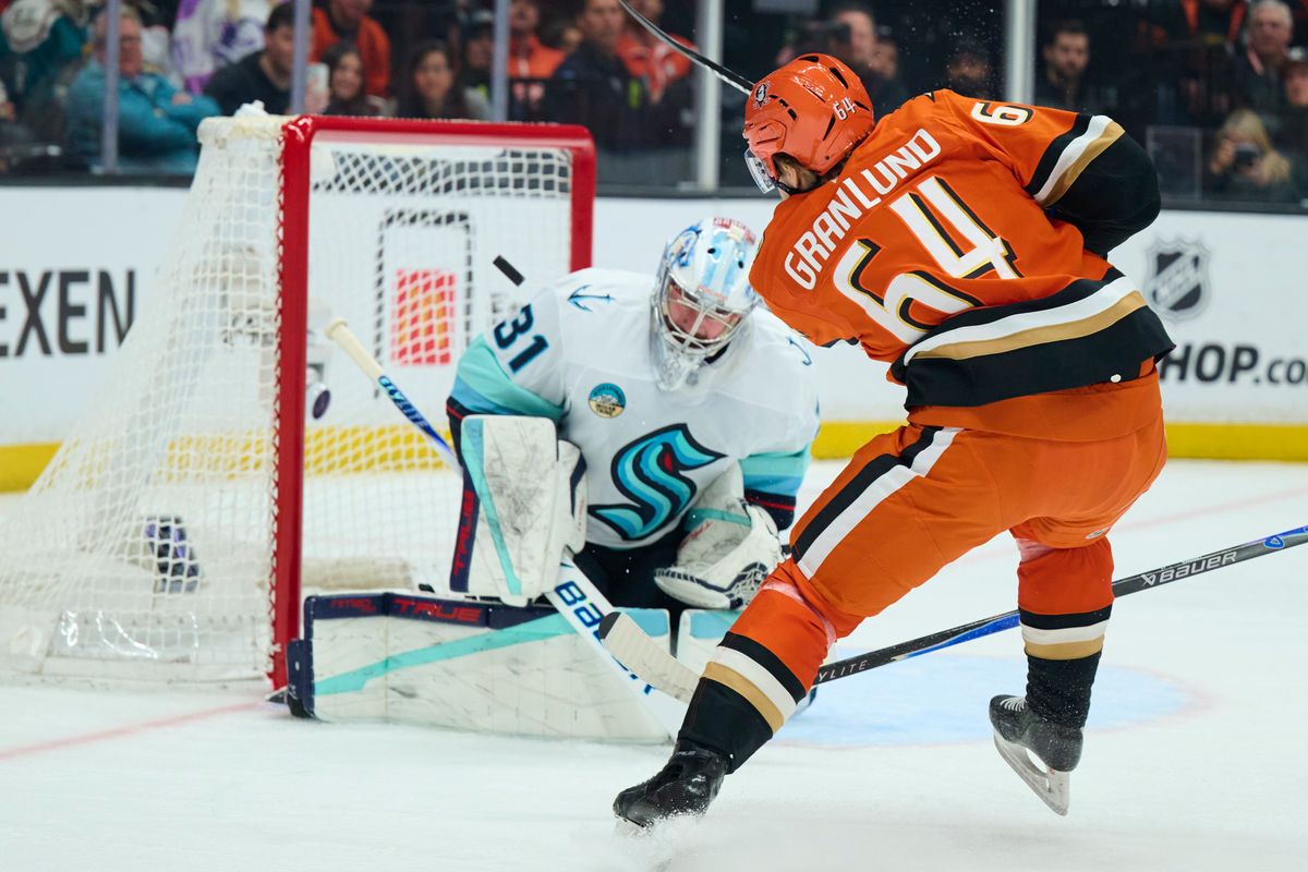 The Anaheim Duck’s center Mikael Granlund (64) shoot’s a goal attempt in the first period against the Seattle Kraken February 3rd, 2026 in Anaheim California.