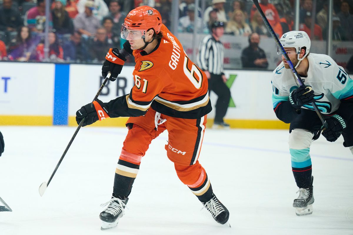 The Anaheim Duck’s left wing Cutter Gauthier (61) shoot’s a goal attempt in the first period against the Seattle Kraken February 3rd, 2026 in Anaheim California.