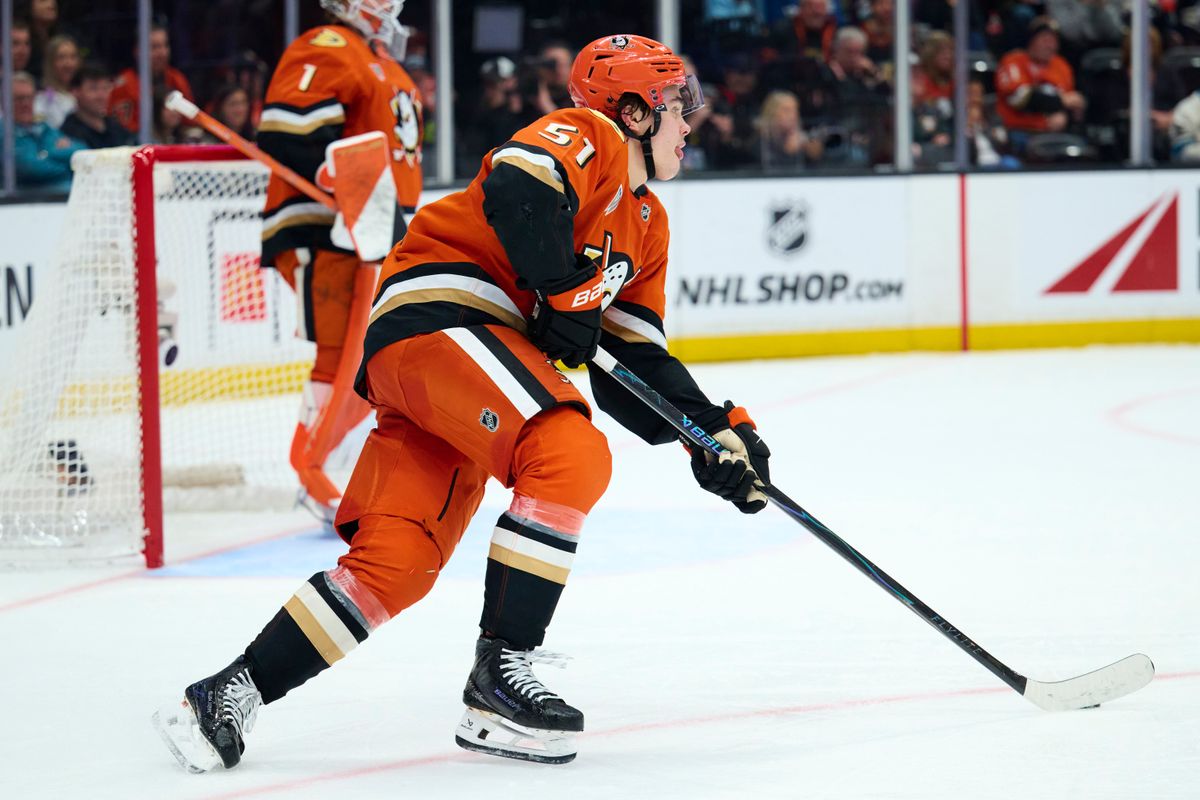 The Anaheim Duck’s defender Olen Zellweger (51) skates with the puck agains’t the Seattle Kraken February 3rd, 2026 in Anaheim California.