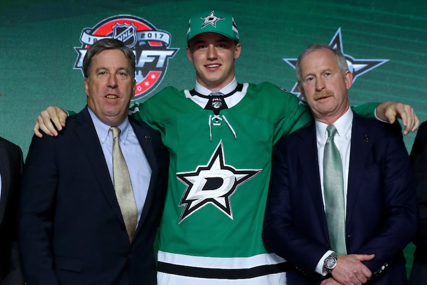 Jake Oettinger poses for photos after being selected 26th overall by the Dallas Stars during...