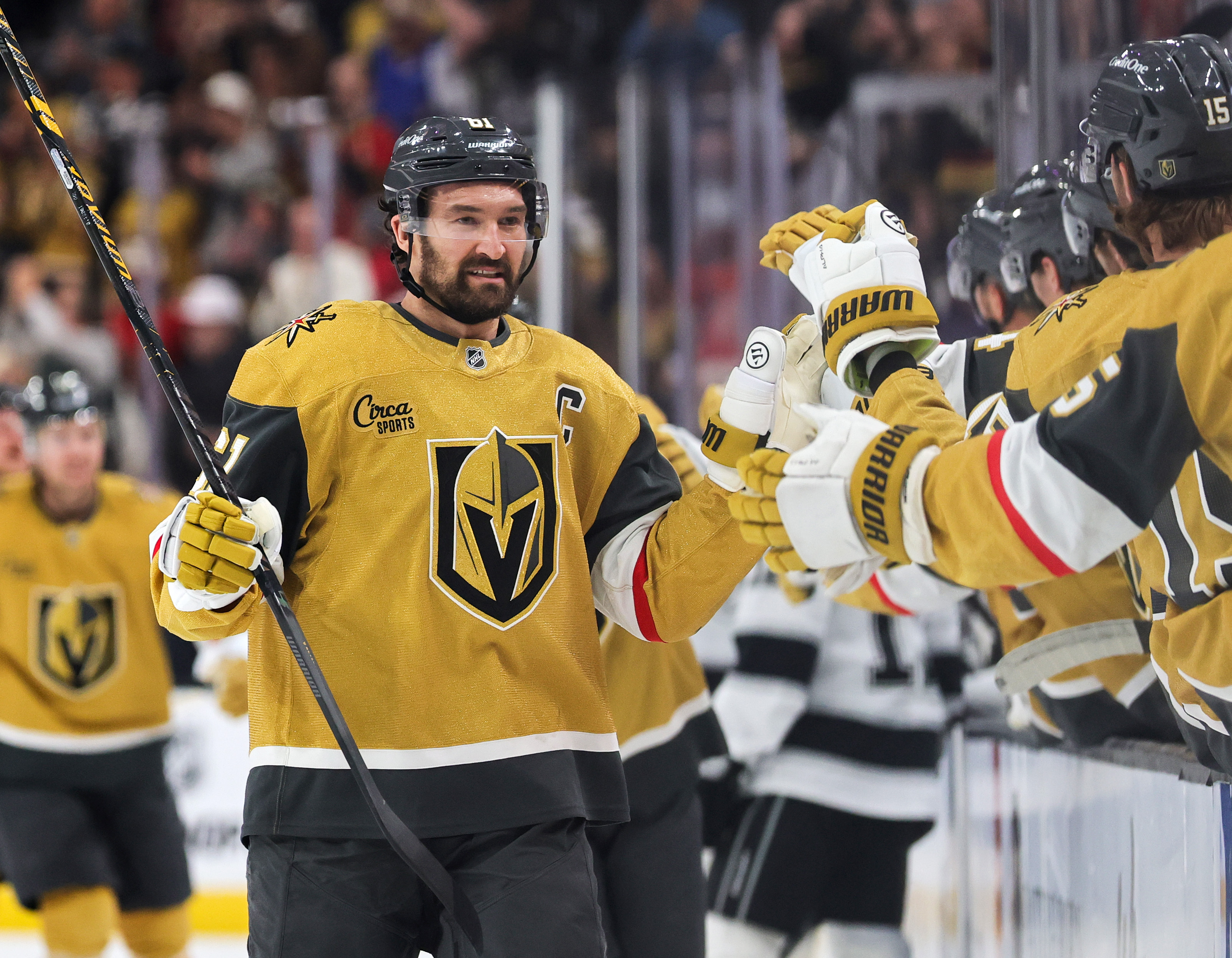The Vegas Golden Knights’ Mark Stone celebrates with teammates on...