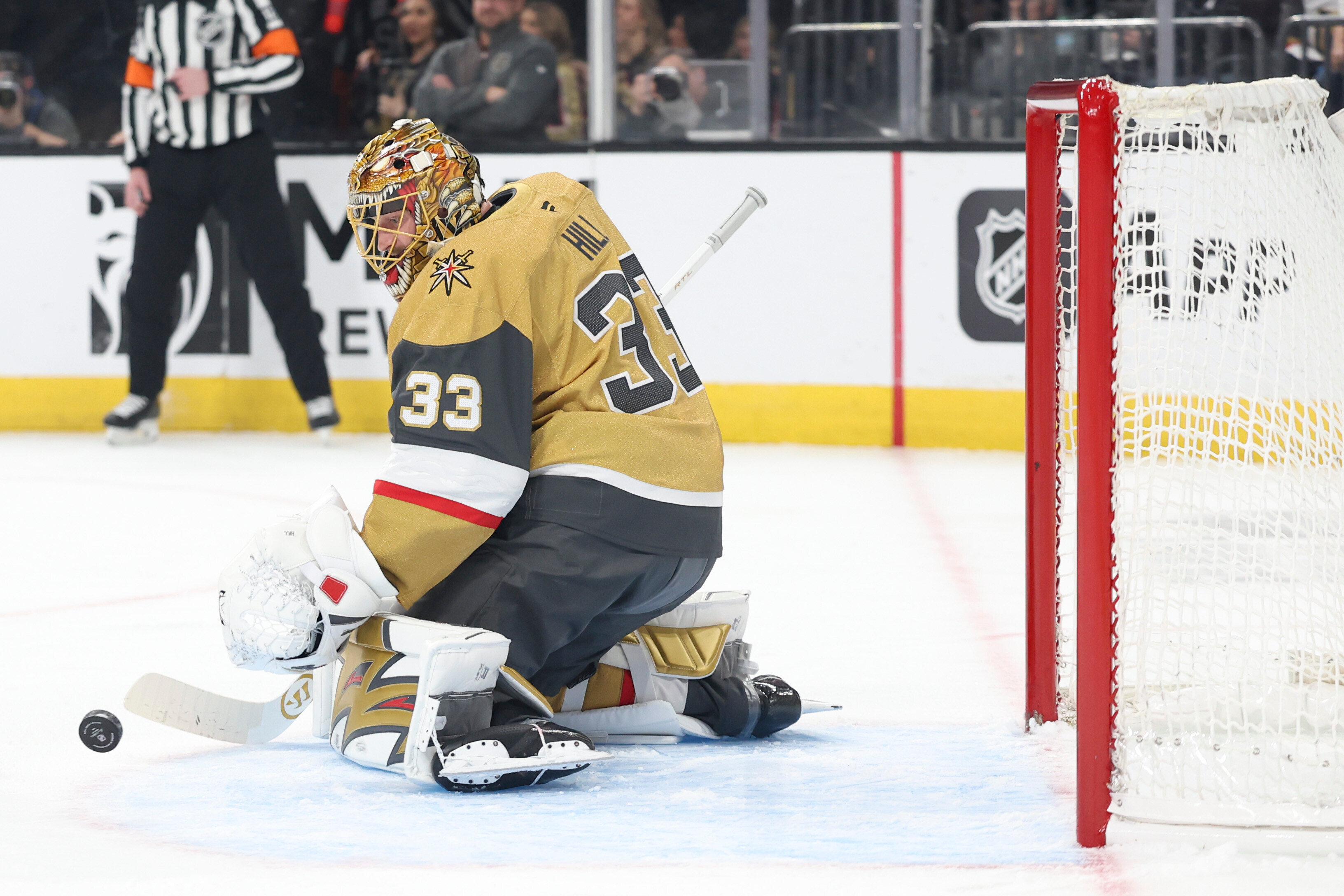 Vegas Golden Knights goaltender Adin Hill makes a save against...