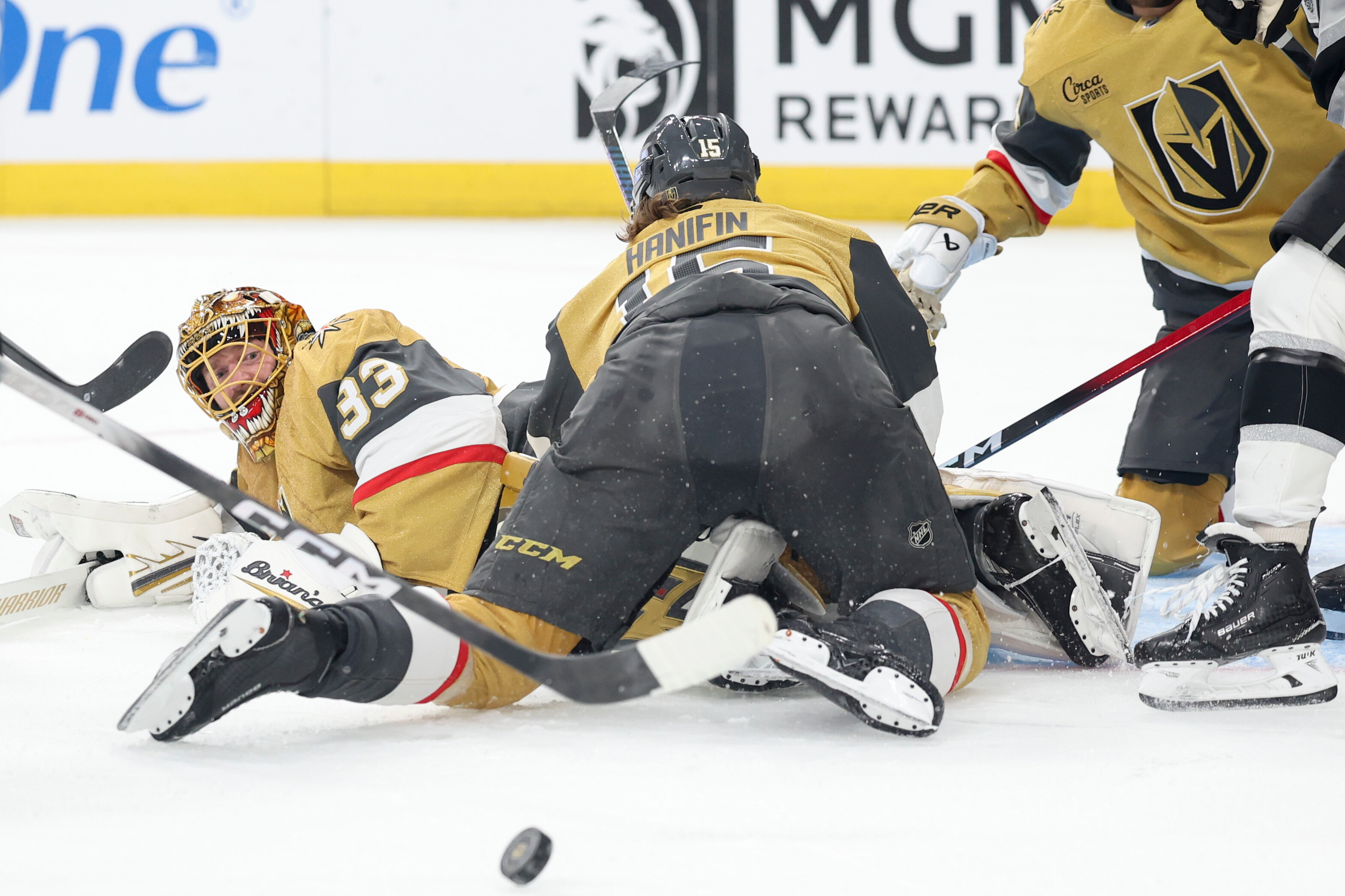 Vegas Golden Knights goaltender Adin Hill makes a save against...