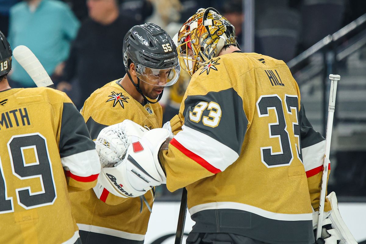 Vegas Golden Knights F Keegan Kolesar (55) and Vegas Golden Knights G Adin Hill (33) seen after defeating the Los Angeles Kings on Thursday February 5, 2026, in Las Vegas, Nevada. 