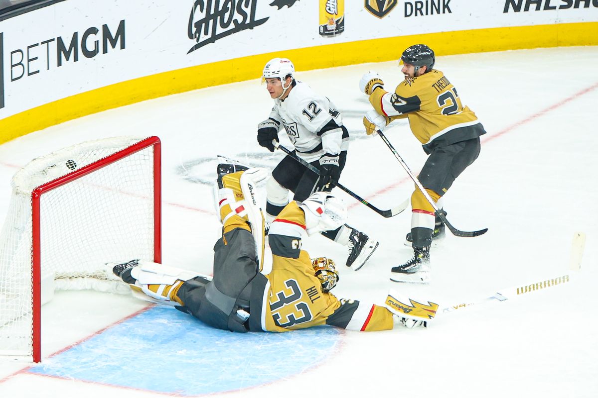 Los Angeles Kings F Trevor Moore (12) scores a goal against Vegas Golden Knights G Adin Hill (33) on Thursday February 5, 2026, in Las Vegas, Nevada. 