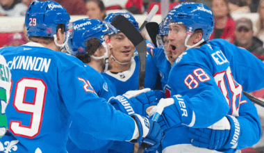 Nathan MacKinnon (29) after scoring a goal against the Carolina Hurricanes during the second period at Lenovo Center.