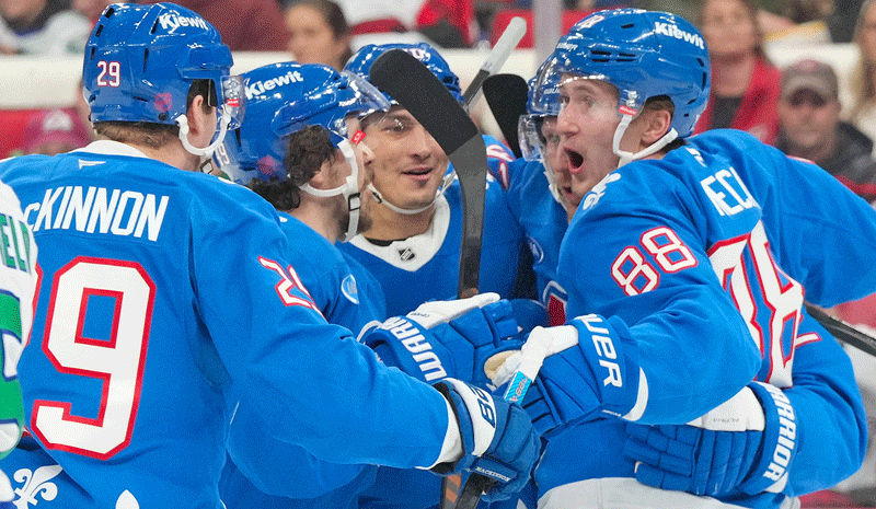 Nathan MacKinnon (29) after scoring a goal against the Carolina Hurricanes during the second period at Lenovo Center.