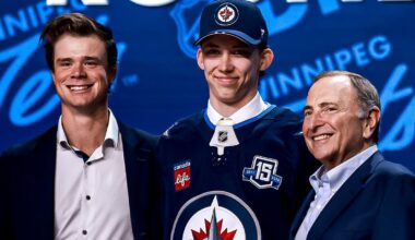 Men's ice hockey players standing on the blue line during the national anthem at the Beanpot