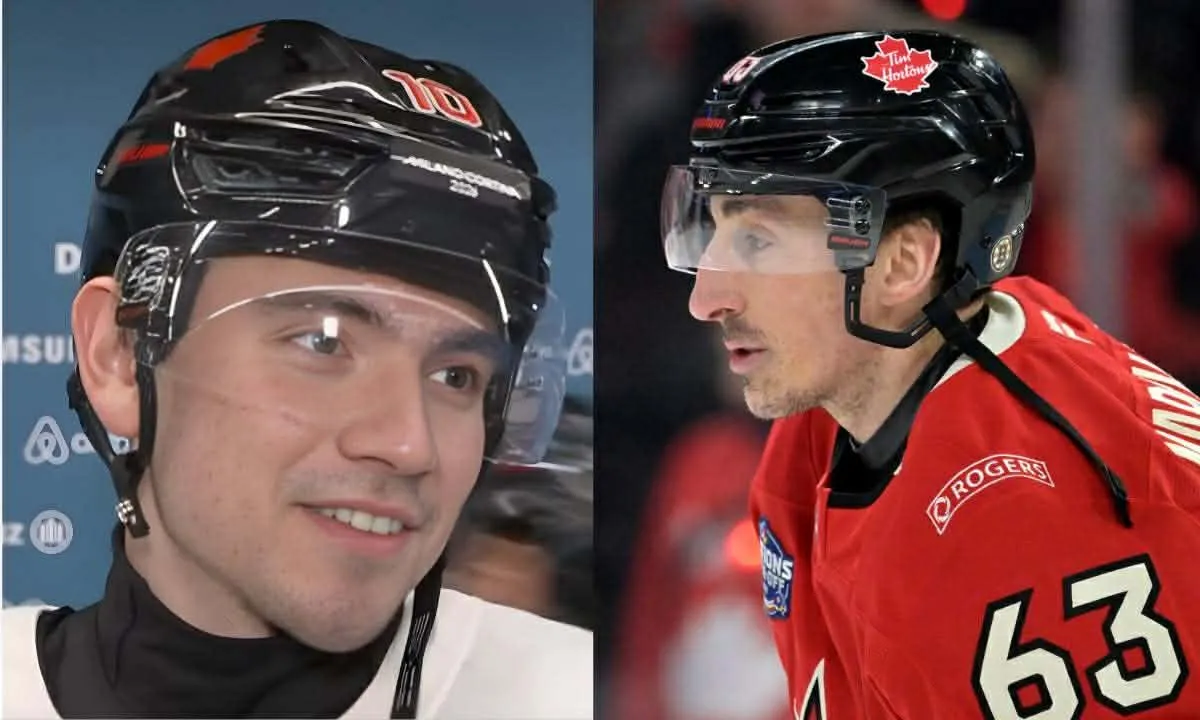 Brad Marchand crashes Nick Suzuki's interview as Team Canada line chemistry shows early