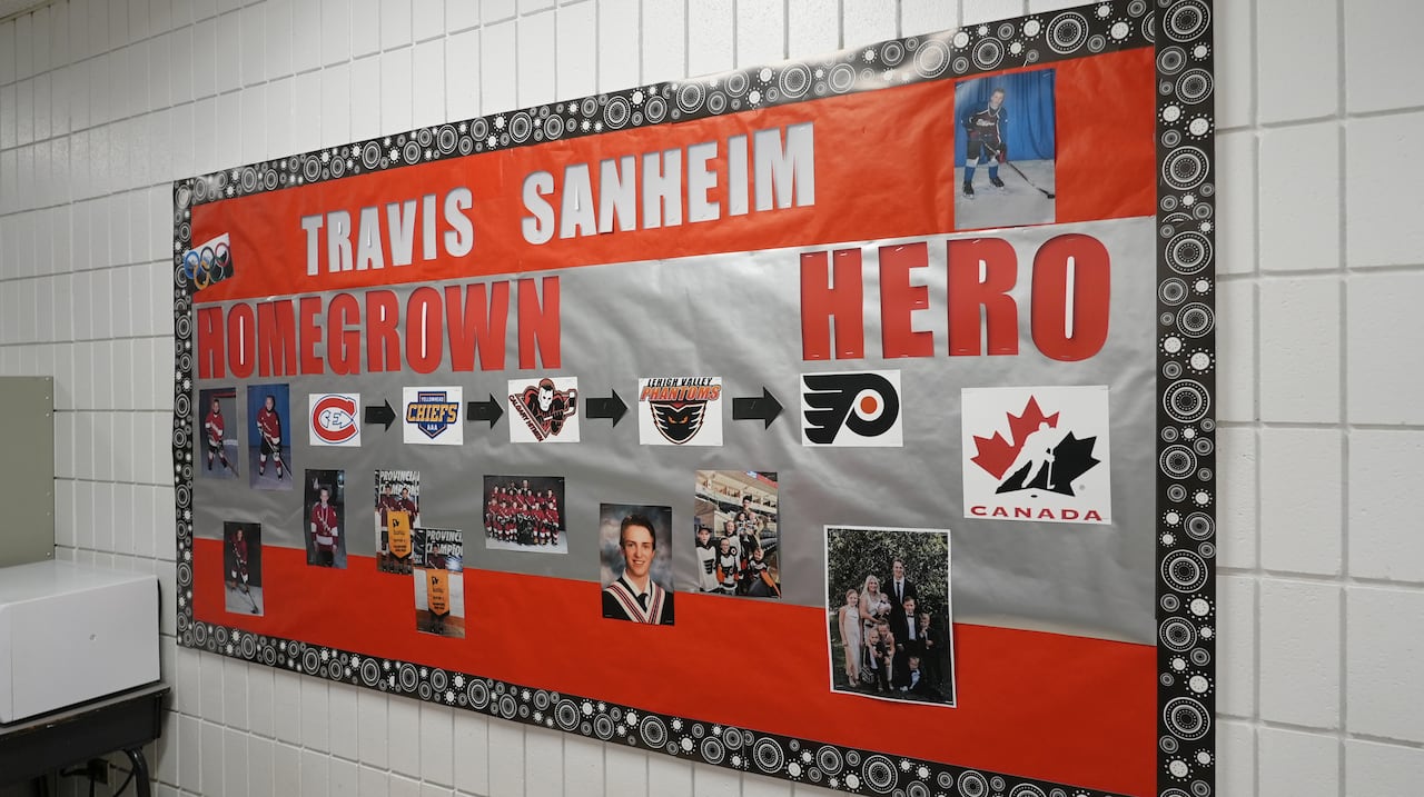 an orange and silver poster board with the lettering Travis Sanheim and Homegrown Hero shows multiple pictures of a hockey player and team logos 