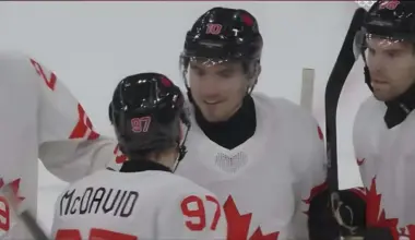 Cameras reveal what Nick Suzuki shouted to Connor McDavid after Canada’s fifth goal