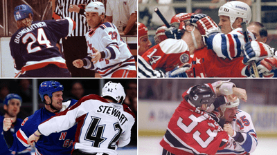 Clockwise from top left: Former Islander Ken Baumgartner squares off with...