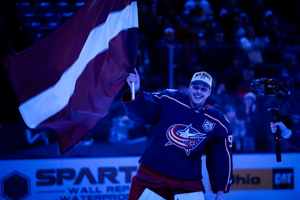 Columbus Blue Jackets goaltender Elvis Merzlikins (90) is recognized as he heads off to the Olympics to play for Latvia following the NHL hockey game against the Chicago Blackhawks at Nationwide Arena on Feb. 4, 2026. The Blue Jackets won 4-0.