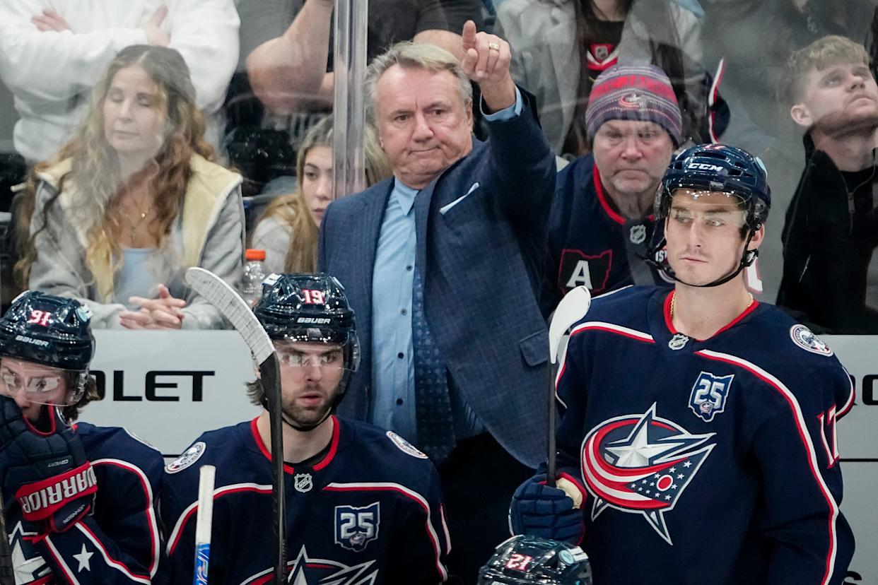 Columbus Blue Jackets head coach Rick Bowness motions from the bench during the second period of the NHL hockey game against the Chicago Blackhawks at Nationwide Arena on Feb. 4, 2026.