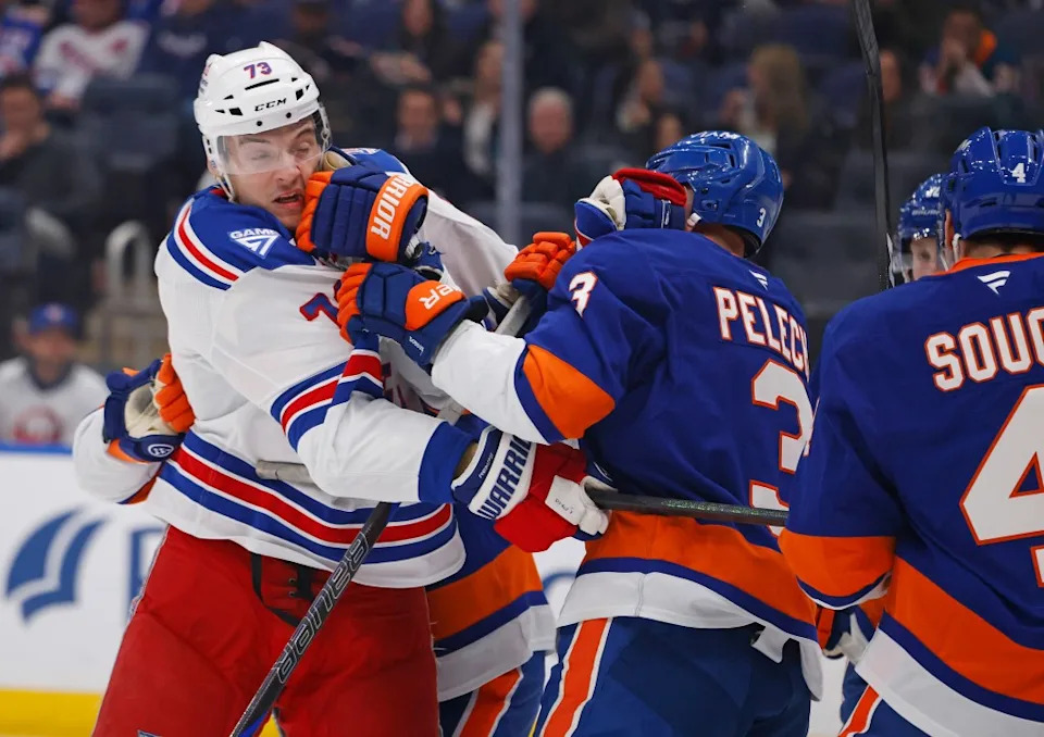 New York Rangers center Matt Rempe (73) and New York Islanders defenseman Adam Pelech (3) fight during the second period when the New York Islanders played the New York Rangers Wednesday, January 28, 2026 at UBS Arena in Elmont, NY. Robert Sabo for NY Post