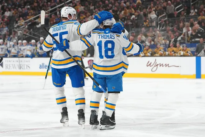 Jan 10, 2026; Las Vegas, Nevada, USA; St. Louis Blues center Robert Thomas (18) celebrates with team mates after scoring a goal against the Vegas Golden Knights during the first period at T-Mobile Arena.