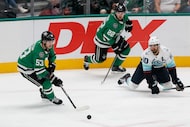 Dallas Stars center Wyatt Johnston (53) skates towards goal during the second period of an...