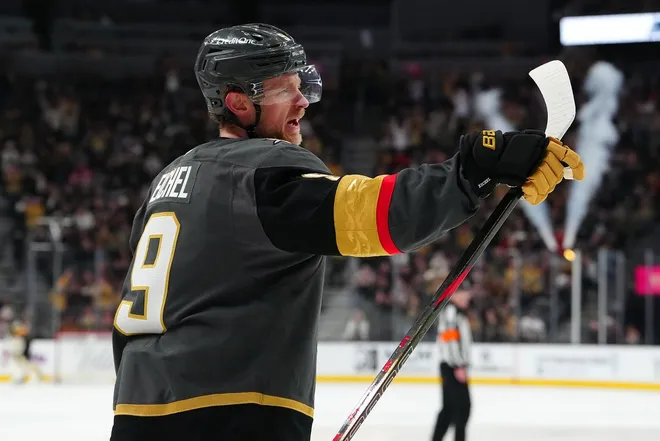 Feb 4, 2026; Las Vegas, Nevada, USA; Vegas Golden Knights center Jack Eichel (9) celebrates after scoring a goal against the Vancouver Canucks during the second period at T-Mobile Arena.