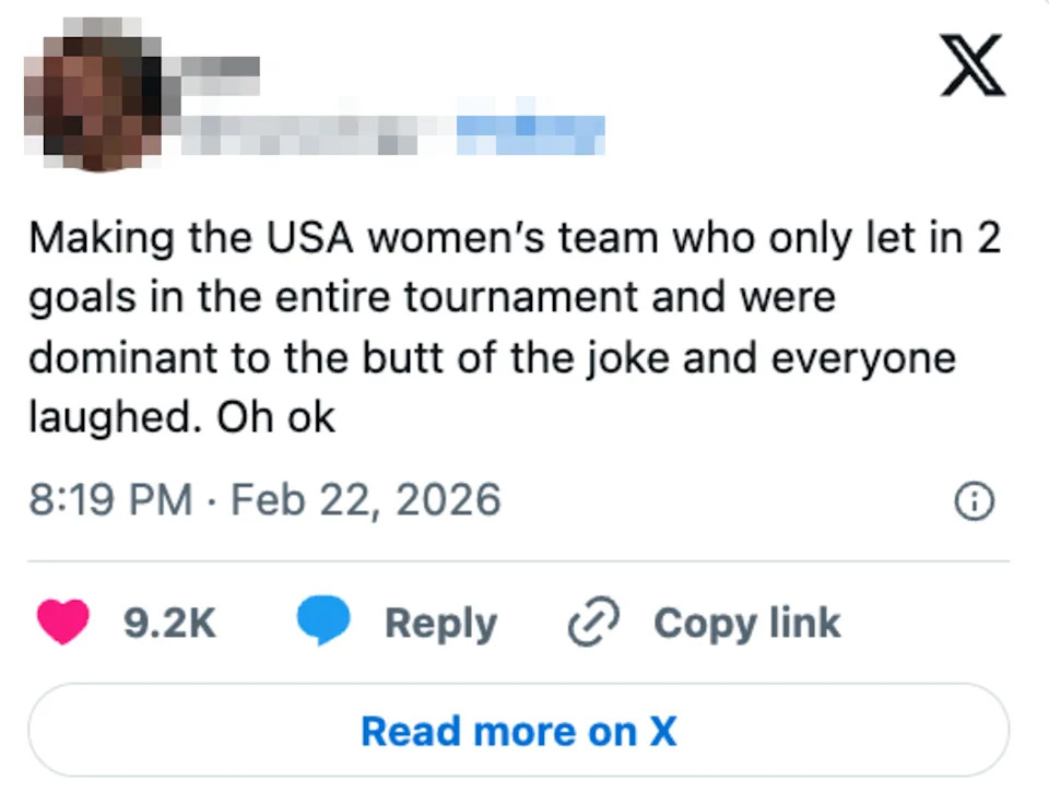 Social media post comments humorously on the dominance of the USA women's team in a tournament, making them a joke's punchline