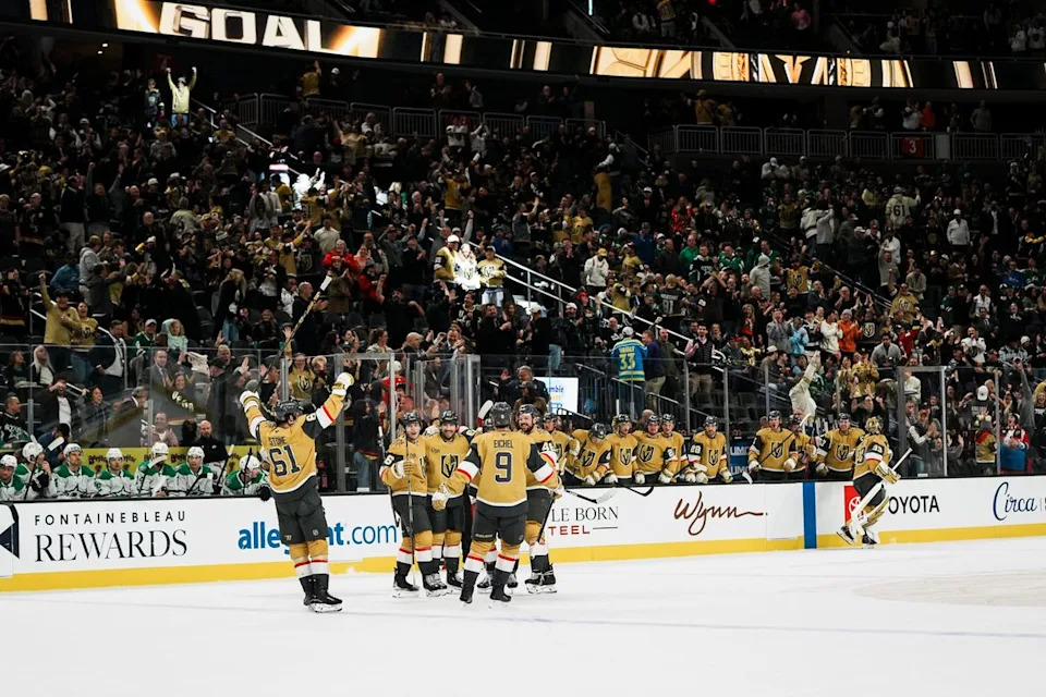 Golden Knights celebrate on the ice while fans cheer after tying the game during third period of NHL game against Dallas Stars on Thursday Jan. 29, 2026 at T-Mobile Arena in Las Vegas.
