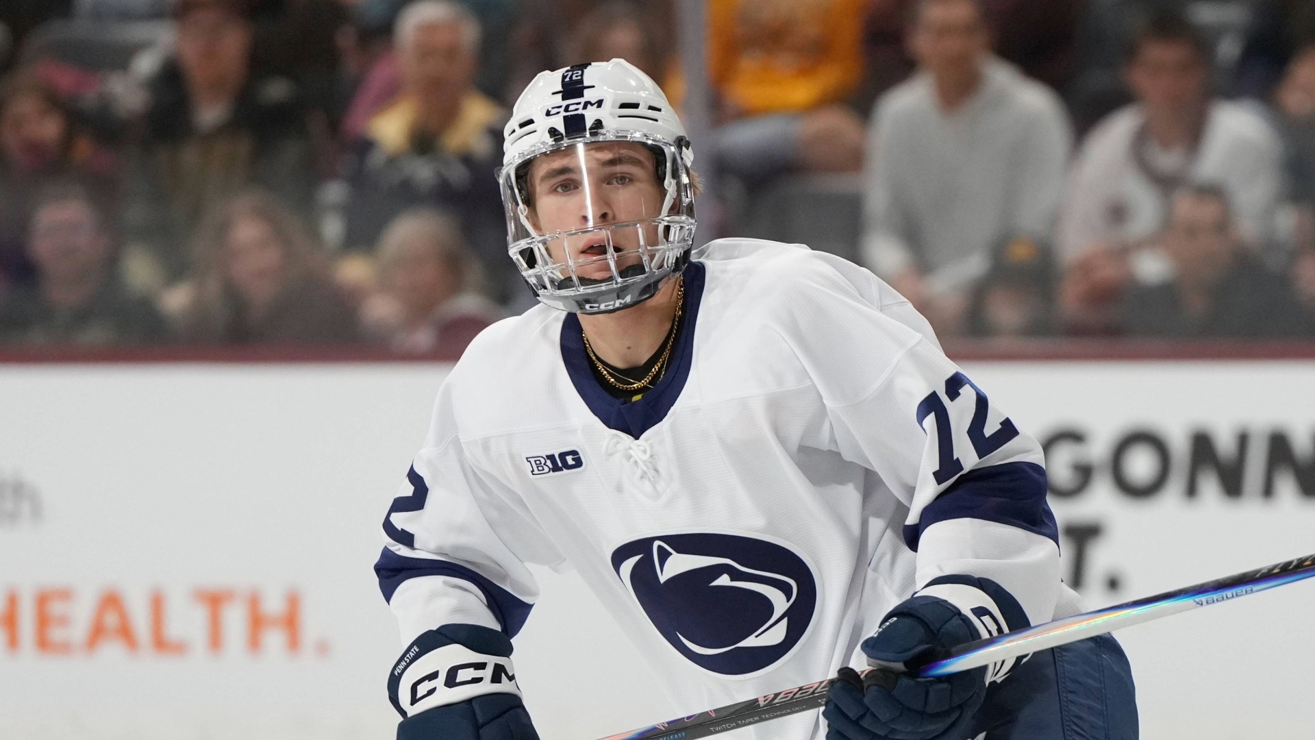 Penn State's Gavin McKenna (72) skates against Arizona State during an NCAA college hockey game on Friday, Oct. 3, 2025, in Tempe, Ariz.