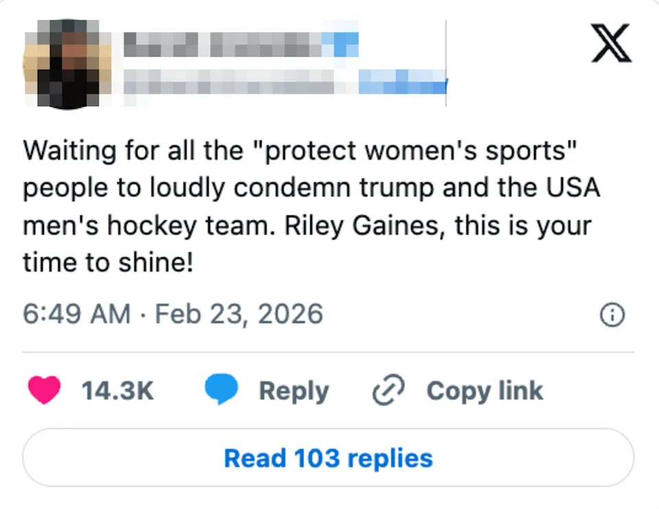 Tweet expressing anticipation for support of women’s sports, mentioning Trump, USA men's hockey, and Riley Gaines