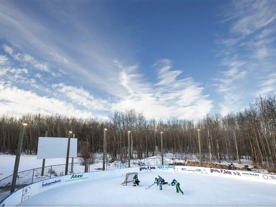  Players take part in the World’s Longest Hockey Game at an acreage east of Edmonton on Friday, Feb. 6, 2026. The game runs from Feb.5-16.