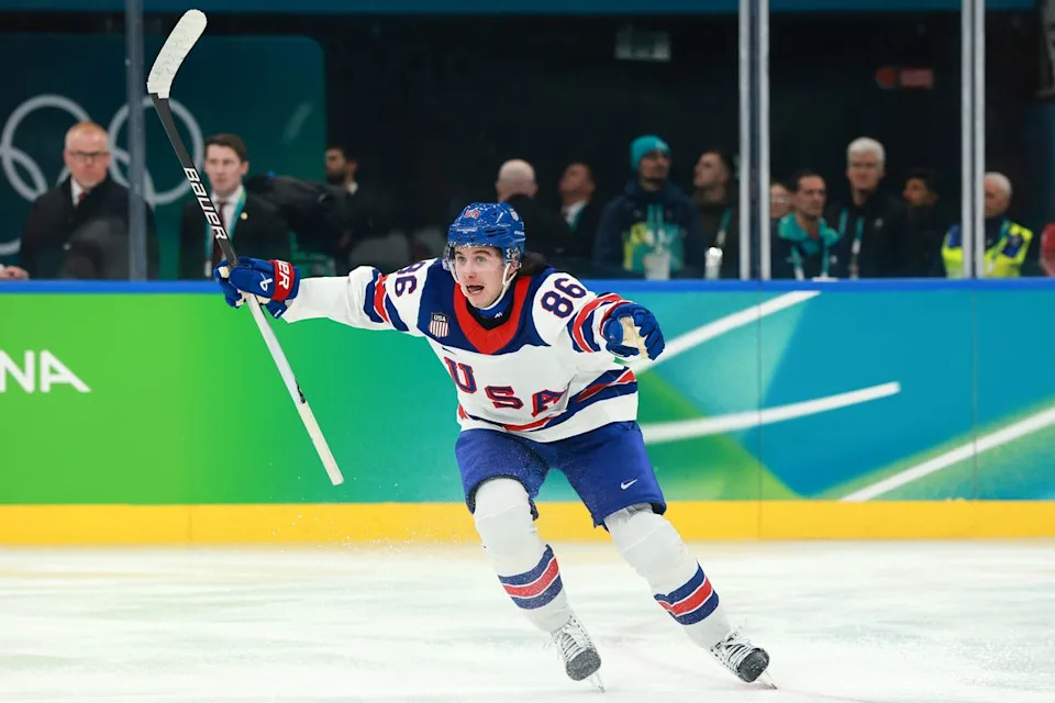 Jack Hughes seconds after scoring the golden goal for Team USA against Canada in the 2026 Winter Olympics. Elsa/Getty