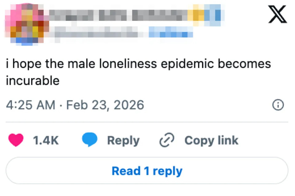 Social media post showing a tweet about the male loneliness epidemic, posted on February 23, 2026, with likes and reply options