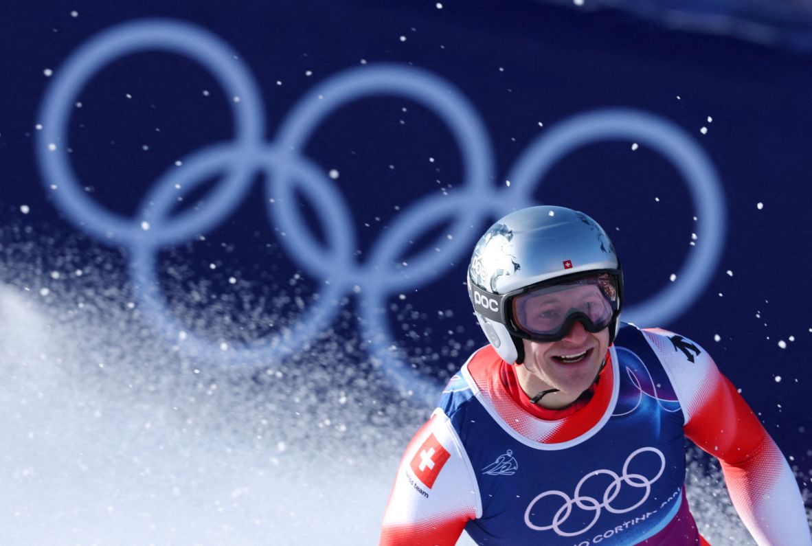 Swiss skier Marco Odermatt reacts after his downhill run in the combined event. He won the silver.