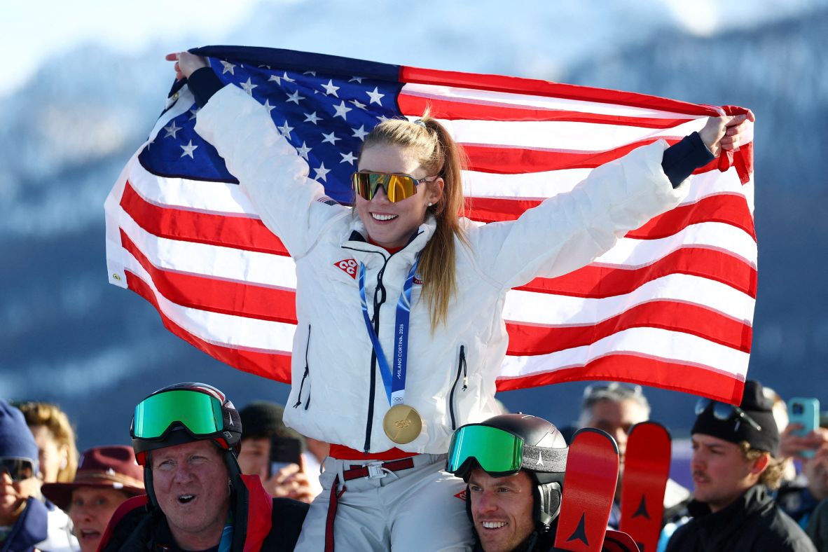 US skier Mikaela Shiffrin celebrates after <a href=