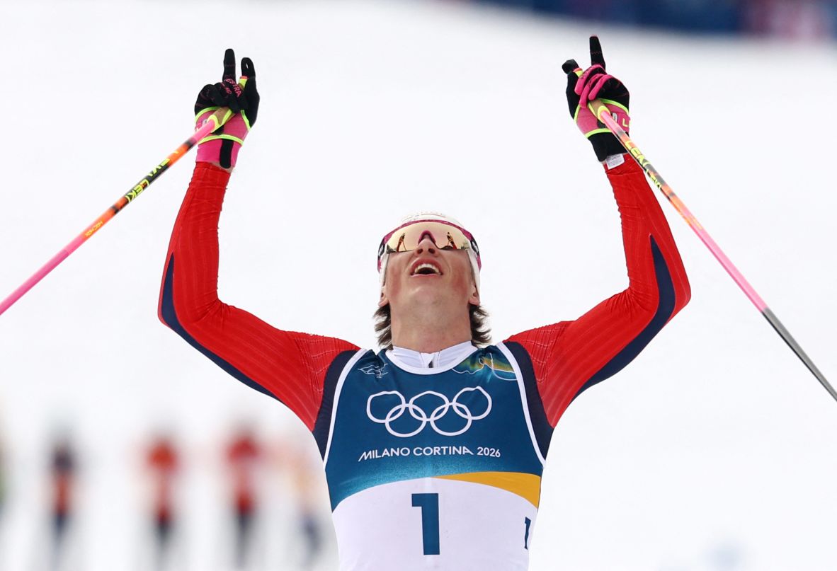 Norway's Johannes Hoesflot Klaebo celebrates his sixth gold medal of these Olympics. The cross-country skier  won the 50km mass start event on February 21. Earlier in these Games, Klaebo became the <a href=