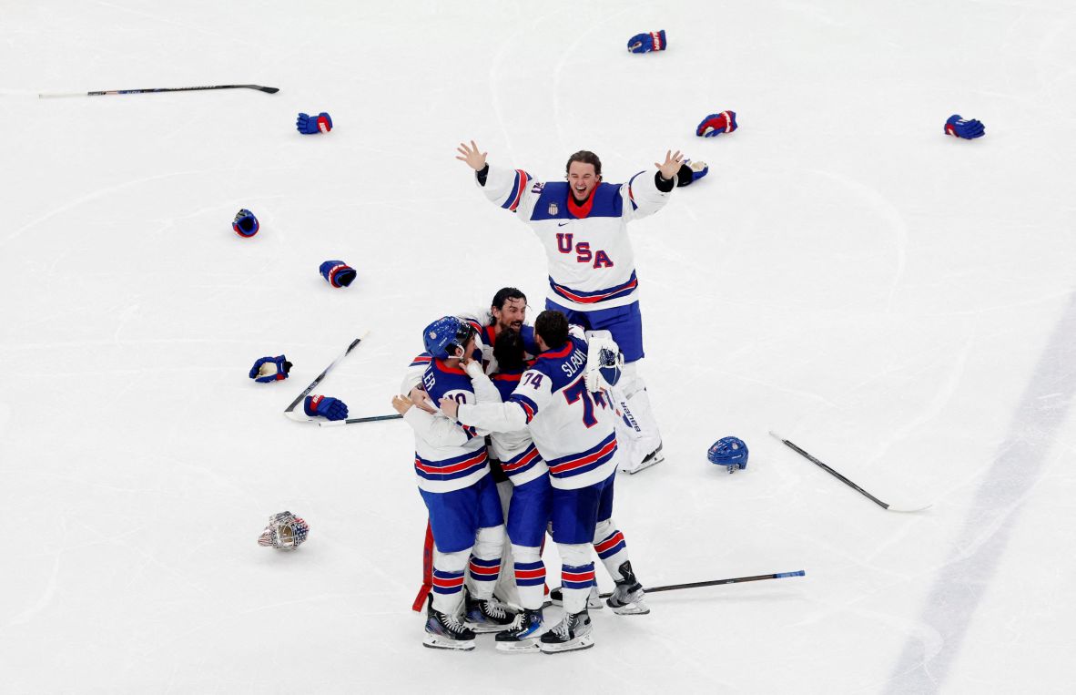 Team USA celebrates after Hughes scored <a href=