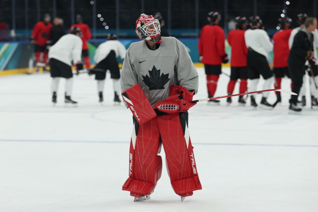 Jordan Binnington of Canada during ice hockey training.