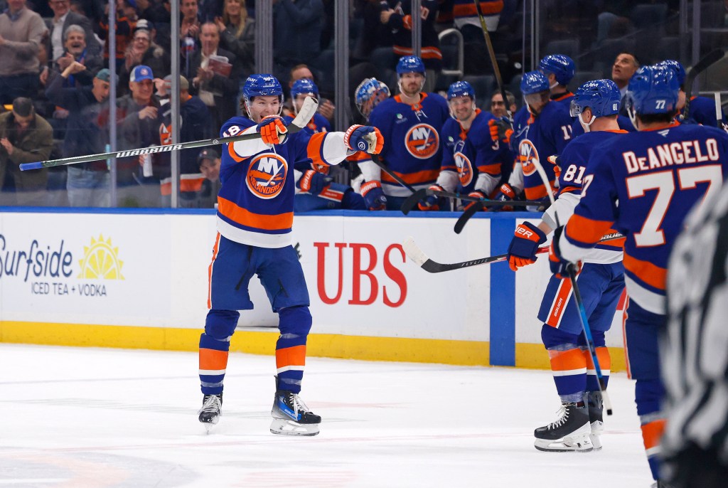 Matthew Schaefer #48 of the New York Islanders reacts after he scores a goal during the first period when the New York Islanders played the Pittsburgh Penguins Tuesday, February 3, 2026 at UBS Arena in Elmont, NY. 