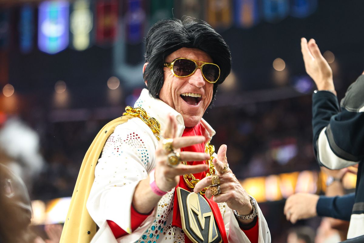 Vegas Golden Knights fan dressed as Elvis celebrates after a goal was scored against the Vancouver Canucks on Wednesday February 4, 2026, in Las Vegas, Nevada. 