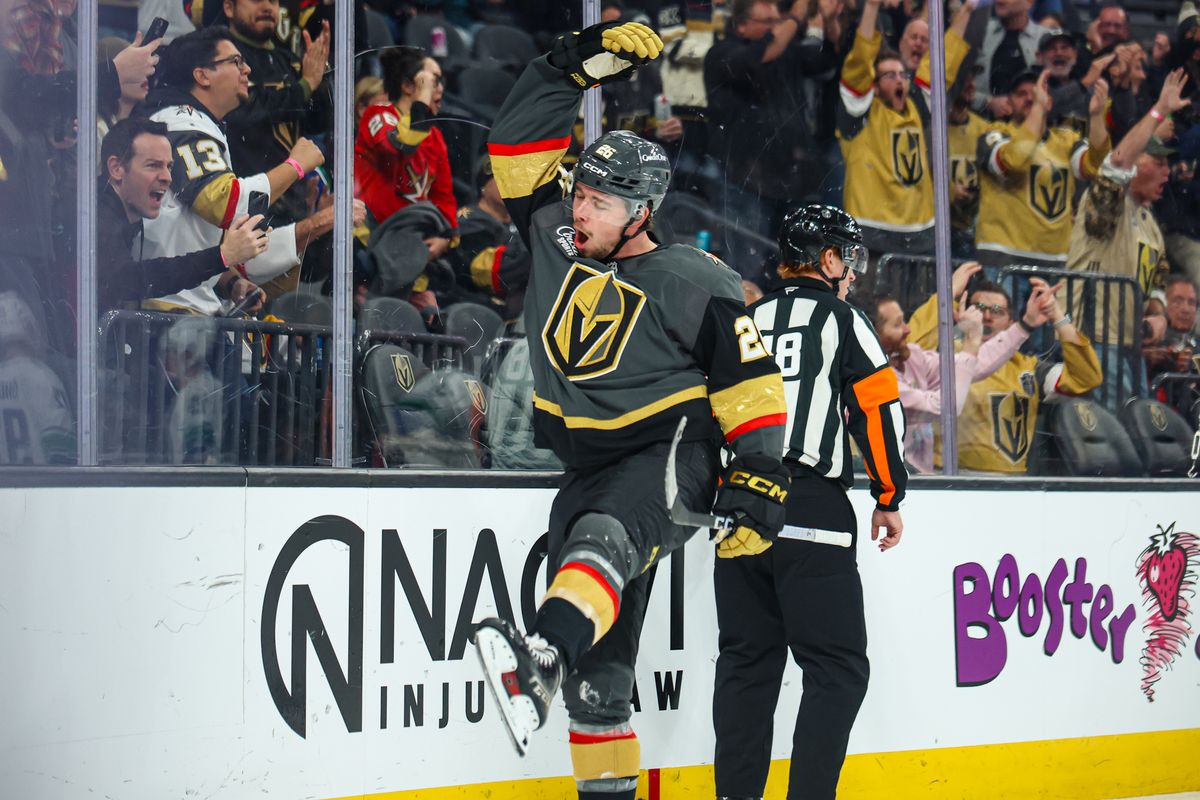 Vegas Golden Knights F Alexander Holtz (26) celebrates after scoring a goal against the Vancouver Canucks on Wednesday February 4, 2026, in Las Vegas, Nevada. 