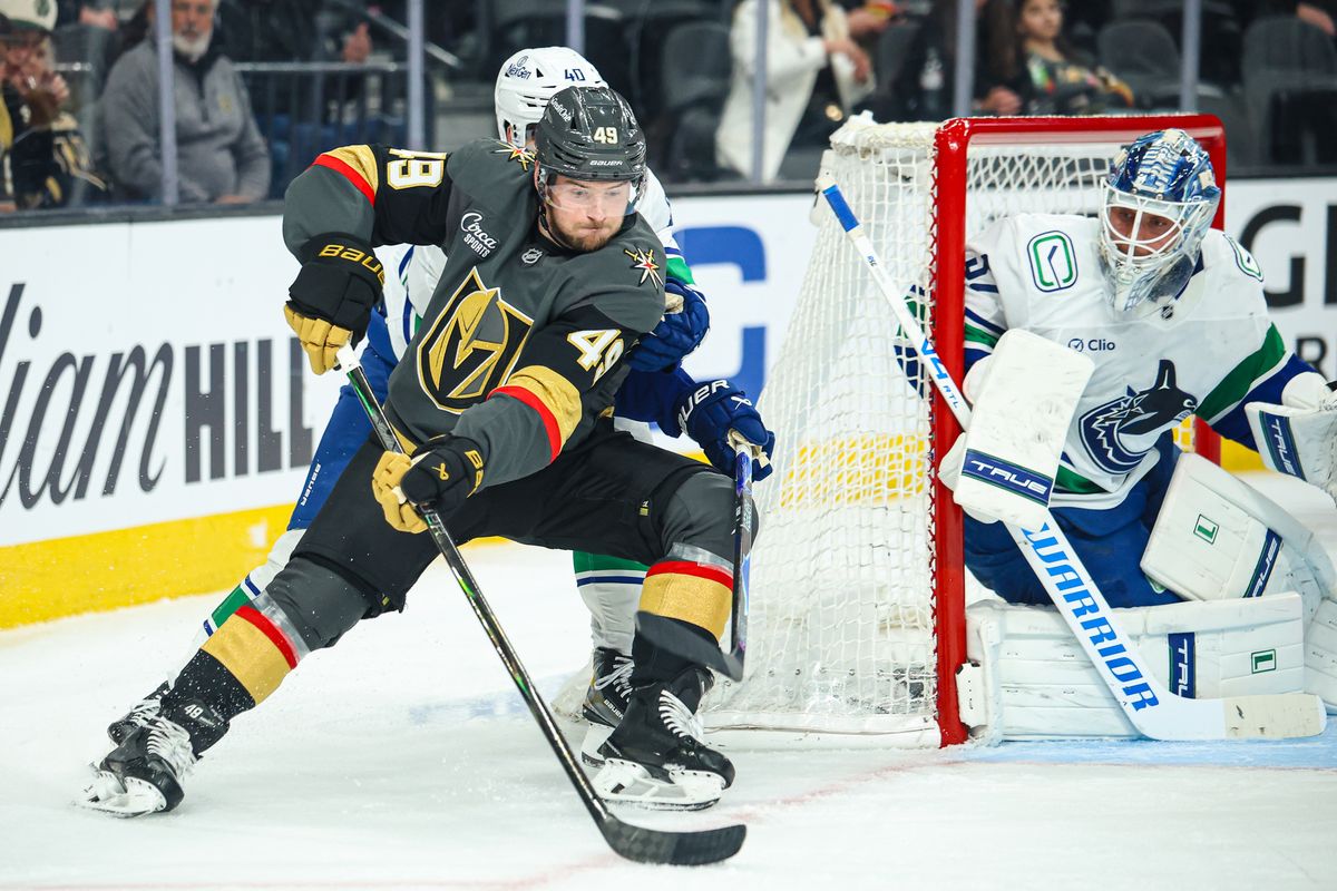 Vegas Golden Knights F Ivan Barbashev (49) skates with the puck during an NHL game against the Vancouver Canucks on Wednesday February 4, 2026, in Las Vegas, Nevada. 