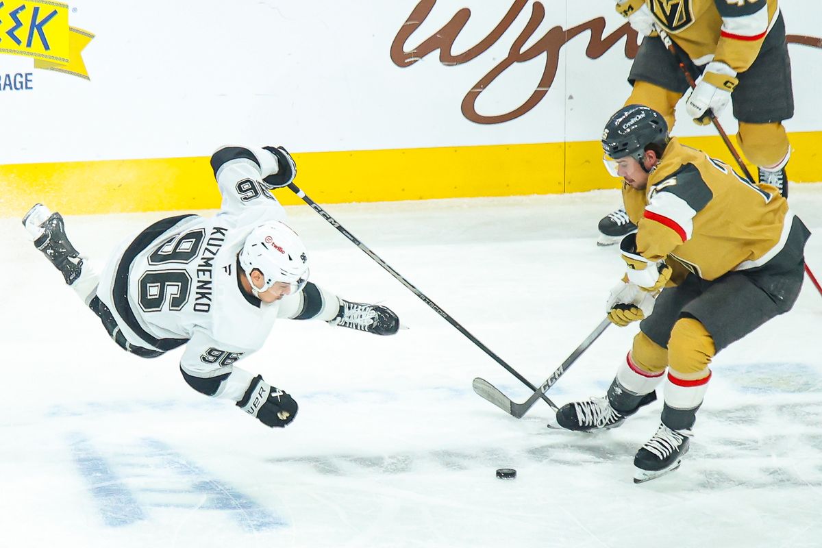 Los Angeles Kings F Andrei Kuzmenko (96) draws a tripping penalty during an NHL game against the Vegas Golden Knights on Thursday February 5, 2026, in Las Vegas, Nevada. 