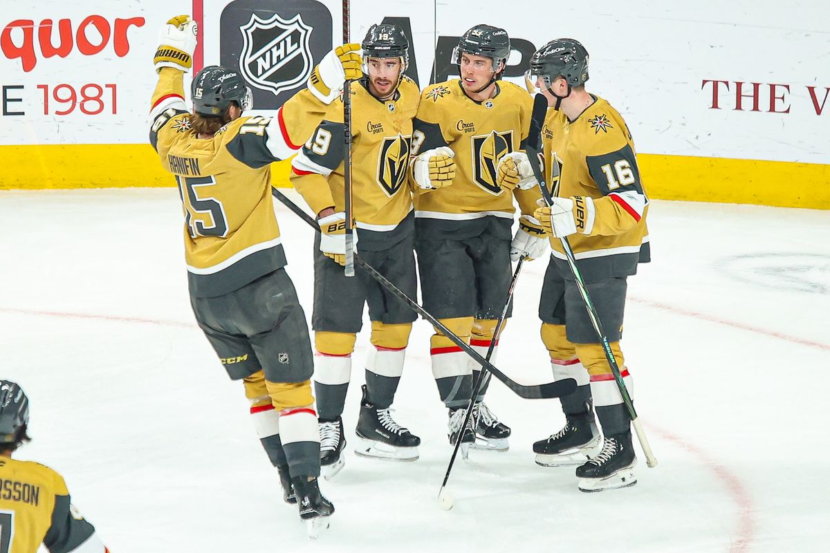 Vegas Golden Knights F Mitch Marner (93) celebrates with his teammates after scoring a goal against the Los Angeles Kings on Thursday February 5, 2026, in Las Vegas, Nevada. 