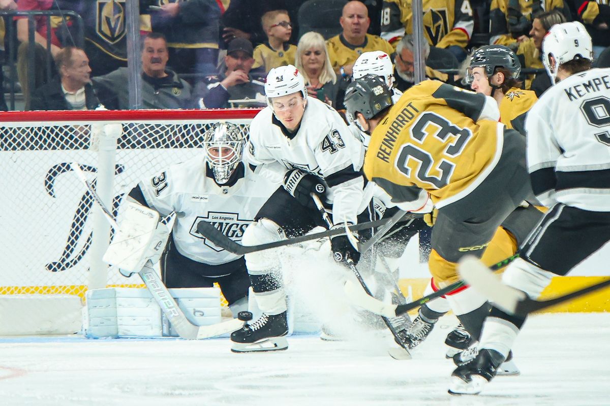 Los Angeles Kings G Anton Forsberg (31) watches a shot from Vegas Golden Knights F Cole Reinhardt (23) during the third period of an NHL game on Thursday February 5, 2026, in Las Vegas, Nevada. 