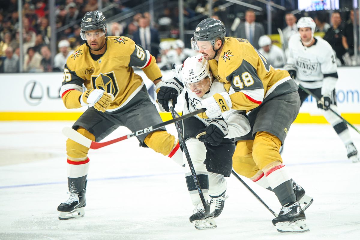 Vegas Golden Knights F Tomas Hertl (48) lays a hit on Los Angeles Kings F Trevor Moore (12) during an NHL game on Thursday February 5, 2026, in Las Vegas, Nevada. 