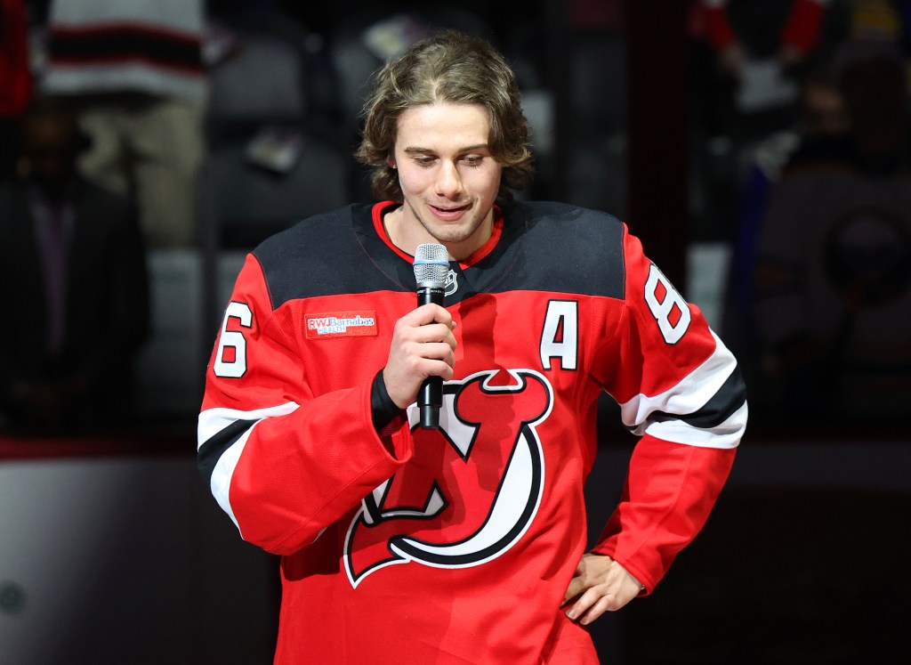 Jack Hughes #86 of the New Jersey Devils addresses the crowd as The New Jersey Devils honor Hughes after winning a gold medal in the Olympics during a pregame ceremony when the New Jersey Devils played the Buffalo Sabres Wednesday, February 25, 2026 at Prudential Center in Newark, NJ.