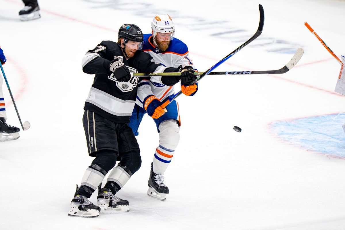 Edmonton Oilers defenseman Mathias Ekholm (14) defending against the Kings during an NHL hockey game against the Los Angeles Kings on February 26th, 2026 in Los Angeles, CA. Edmonton Oilers defenseman Mathias Ekholm (14) defending against the Kings during an NHL hockey game against the Los Angeles Kings on February 26th, 2026 in Los Angeles, CA.