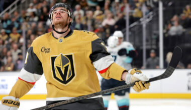 Vegas Golden Knights right wing Reilly Smith (19) reacts after a goal by Seattle Kraken right w ...