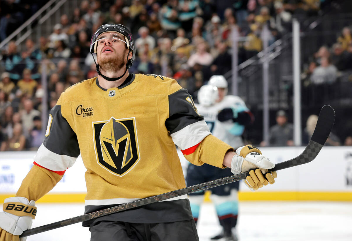 Vegas Golden Knights right wing Reilly Smith (19) reacts after a goal by Seattle Kraken right w ...