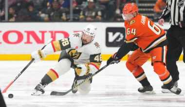 Vegas Golden Knights center Tomas Hertl, left, falls as he goes after the puck along with Anahe ...