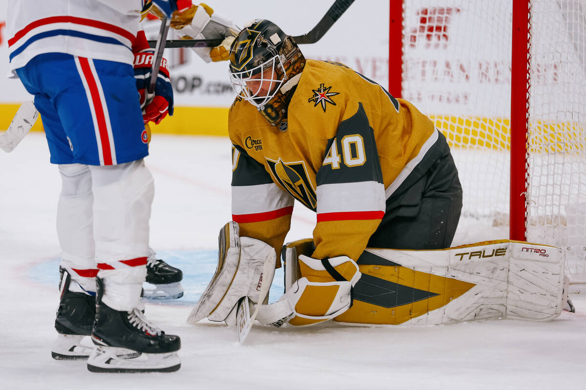 Golden Knights goaltender Akira Schmid (40) stops a shot on goal during the second period of th ...